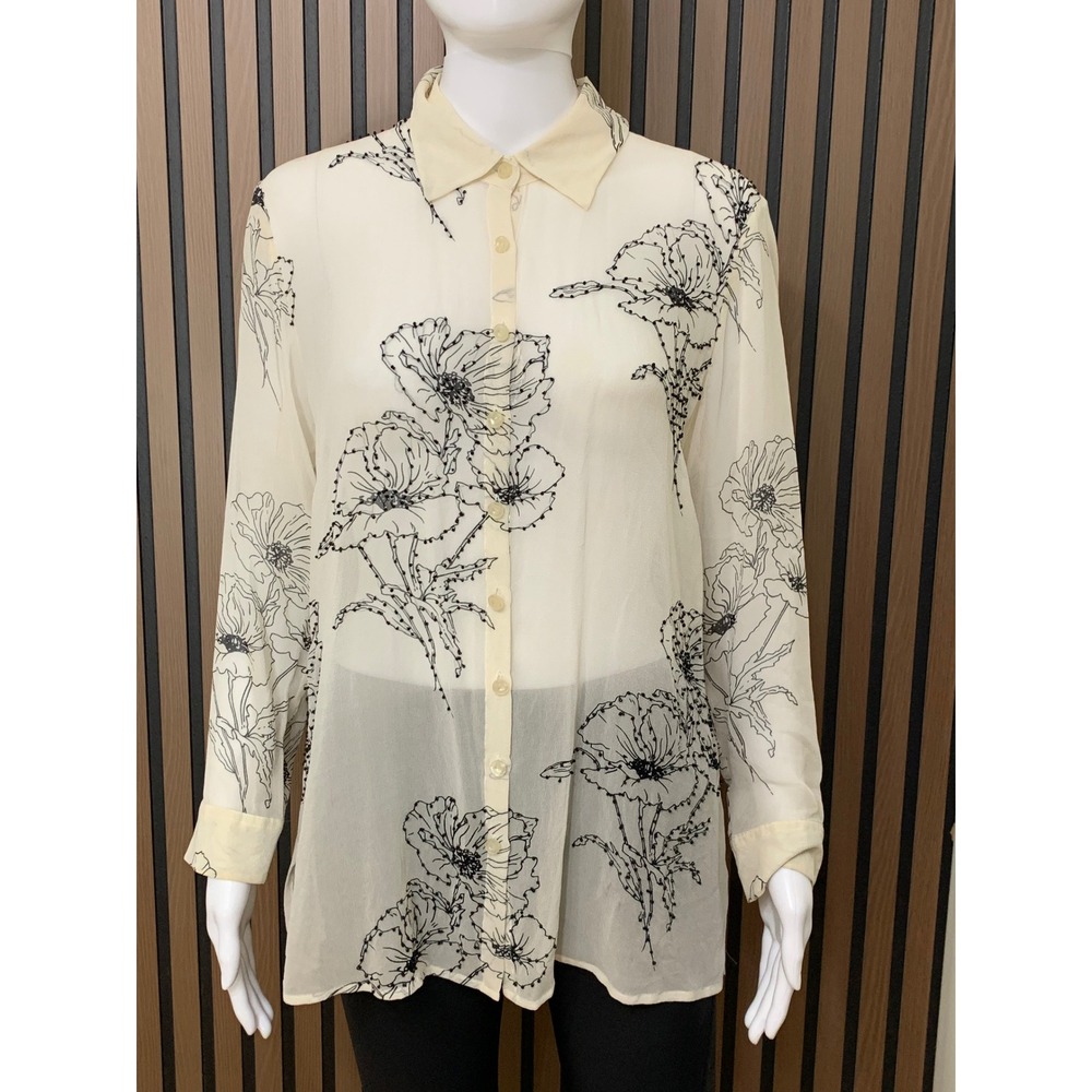 J.Jill Cream Black Floral Poppy Print Sheer Button Down Blouse Petite M Classic